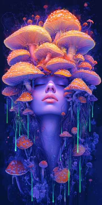 梦幻蘑菇环绕的神秘女性