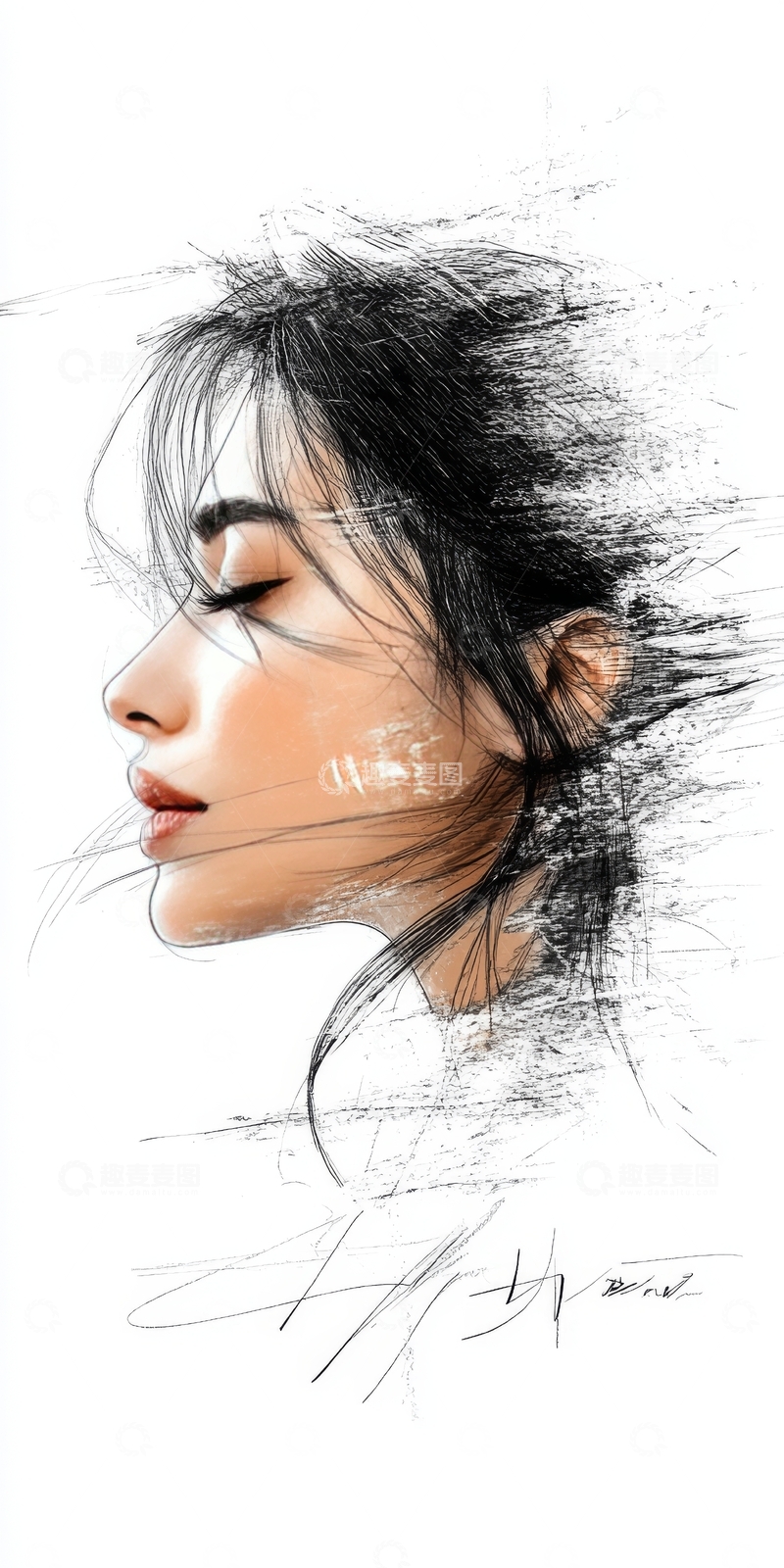 高清大图下载【趣麦麦图】闭眼女子的素描肖像