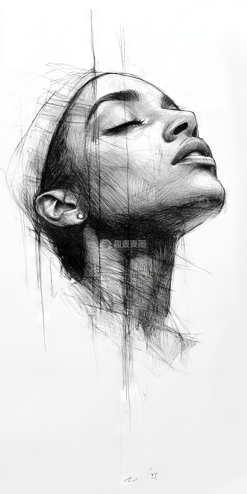 高清大图下载【趣麦麦图】仰头闭眼的女性素描