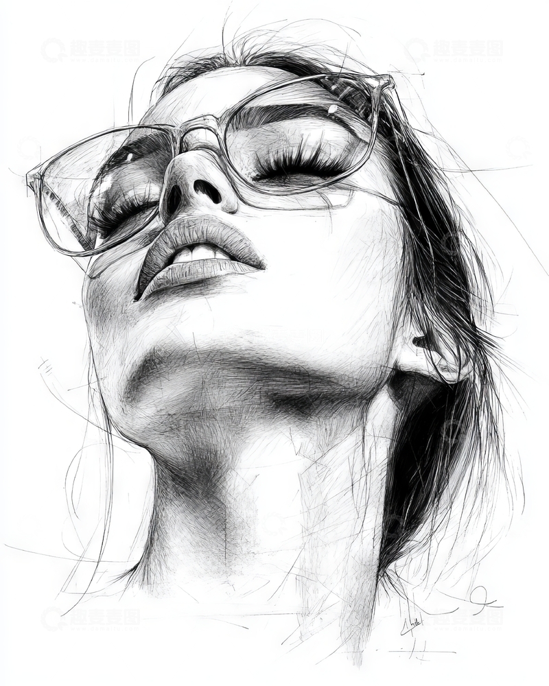 高清大图下载【趣麦麦图】戴眼镜的女性素描肖像