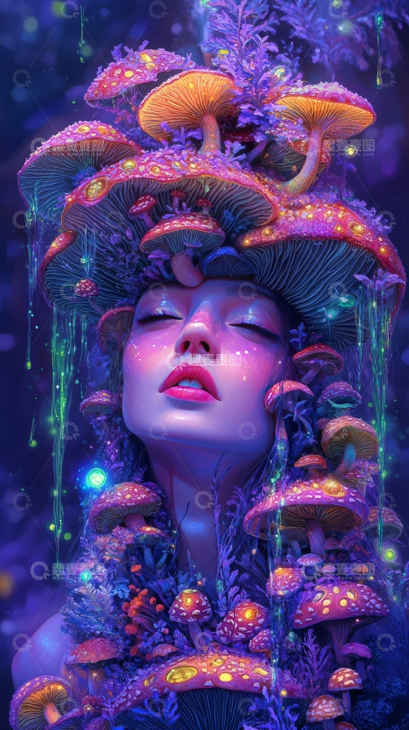 高清大图下载【趣麦麦图】梦幻蘑菇环绕的神秘女子
