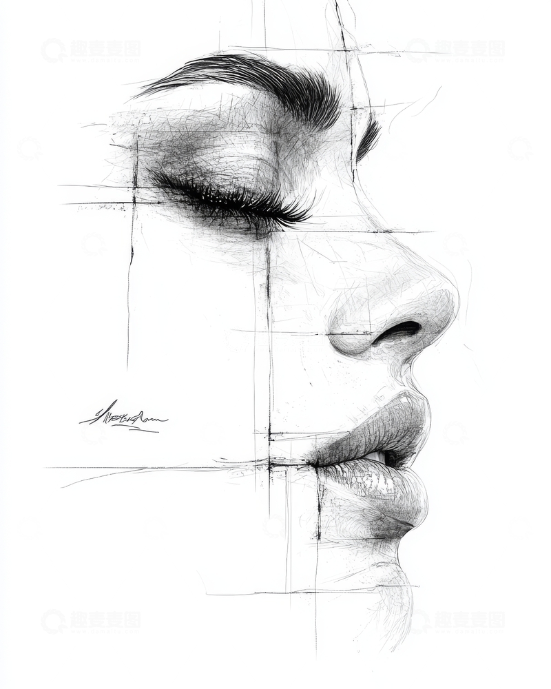 高清大图下载【趣麦麦图】侧脸素描，细腻笔触勾勒女性轮廓