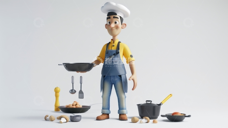 高清大图下载【趣麦麦图】厨师手持锅具，厨房用具环绕