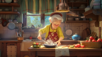 厨房中的老奶奶正在烹饪