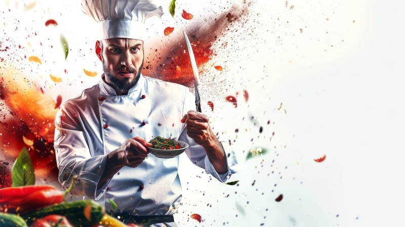 高清大图下载【趣麦麦图】厨师展示美食，食材飞溅