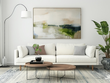 现代客厅布置，简约沙发与抽象画