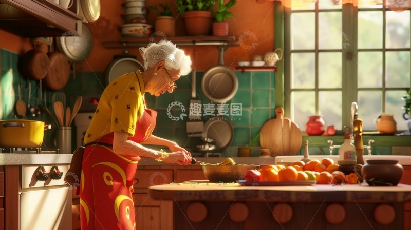 高清大图下载【趣麦麦图】厨房中的老妇人准备食材