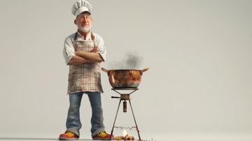 厨师站立烧烤架旁，锅中食物冒着热气