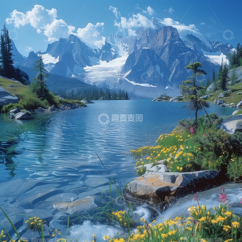 高清大图下载【趣麦麦图】雪山湖泊，野花点缀的宁静美景