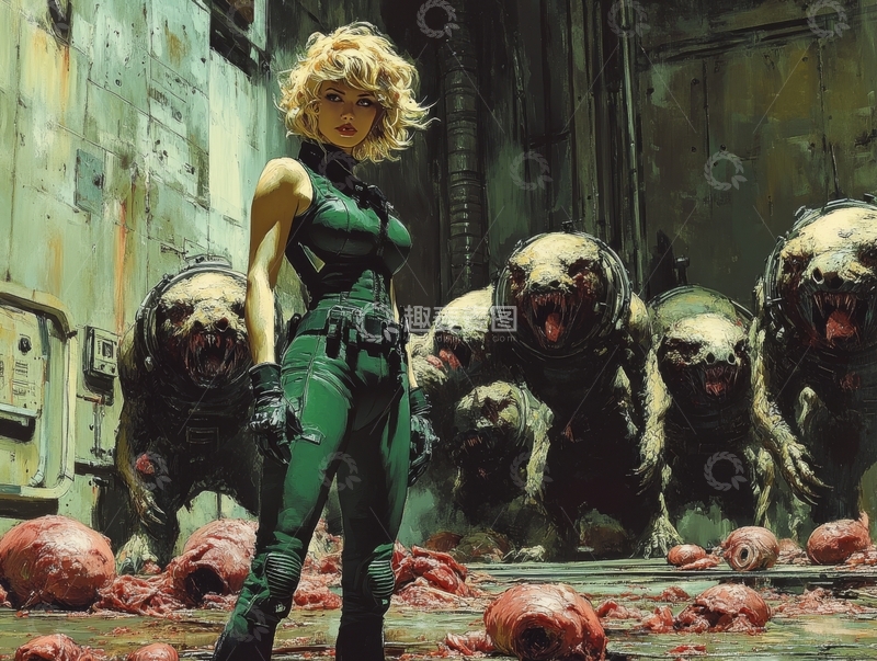高清大图下载【趣麦麦图】女性战士与变异生物对峙