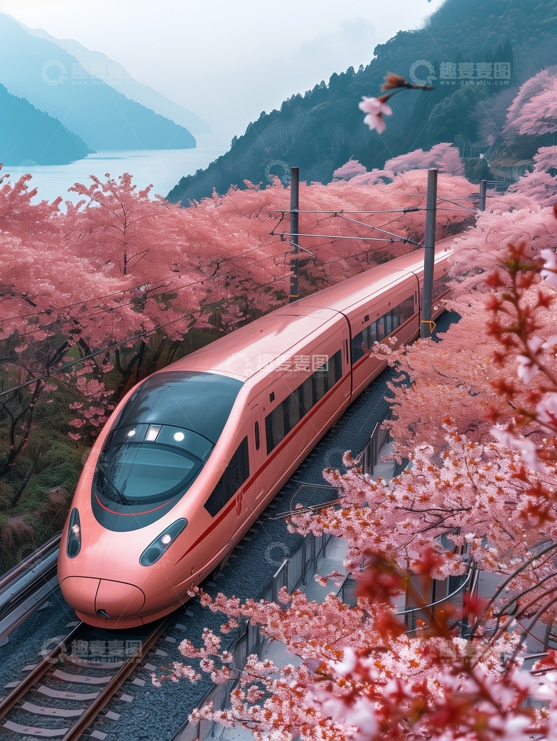 高清大图下载【趣麦麦图】高速列车穿行于樱花盛开的山谷