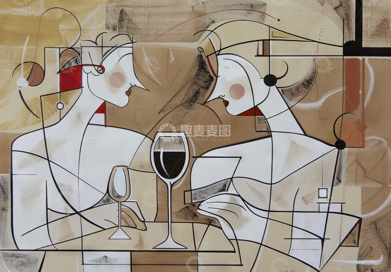 高清大图下载【趣麦麦图】抽象艺术中的猫与酒杯