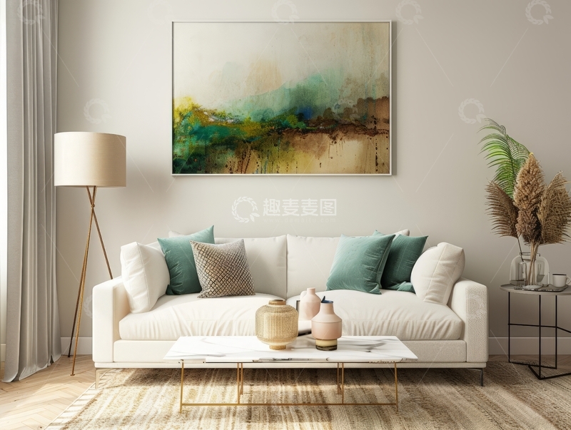 高清大图下载【趣麦麦图】现代客厅装饰，抽象画与简约家具