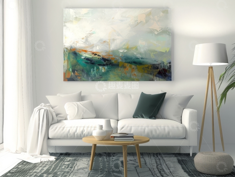 高清大图下载【趣麦麦图】现代客厅装饰，抽象画与简洁家具