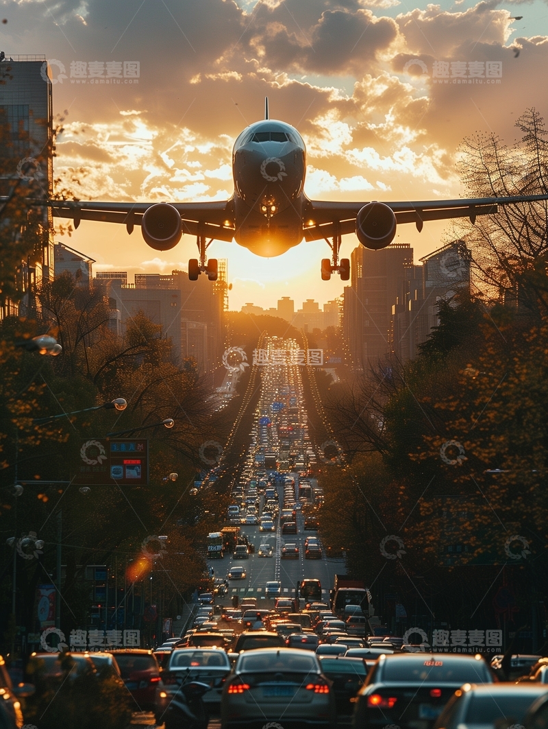 高清大图下载【趣麦麦图】飞机低空飞越城市街道