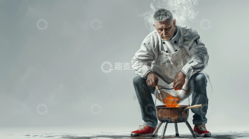 高清大图下载【趣麦麦图】男子户外烹饪，火焰四溅