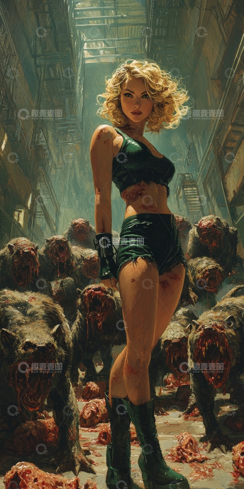 高清大图下载【趣麦麦图】女性战士在废墟中面对僵尸群