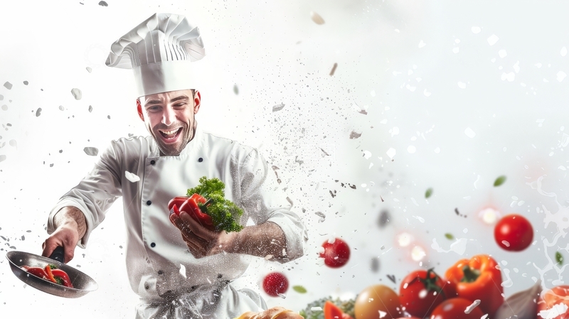 高清大图下载【趣麦麦图】厨师挥洒食材，蔬菜四溅的瞬间