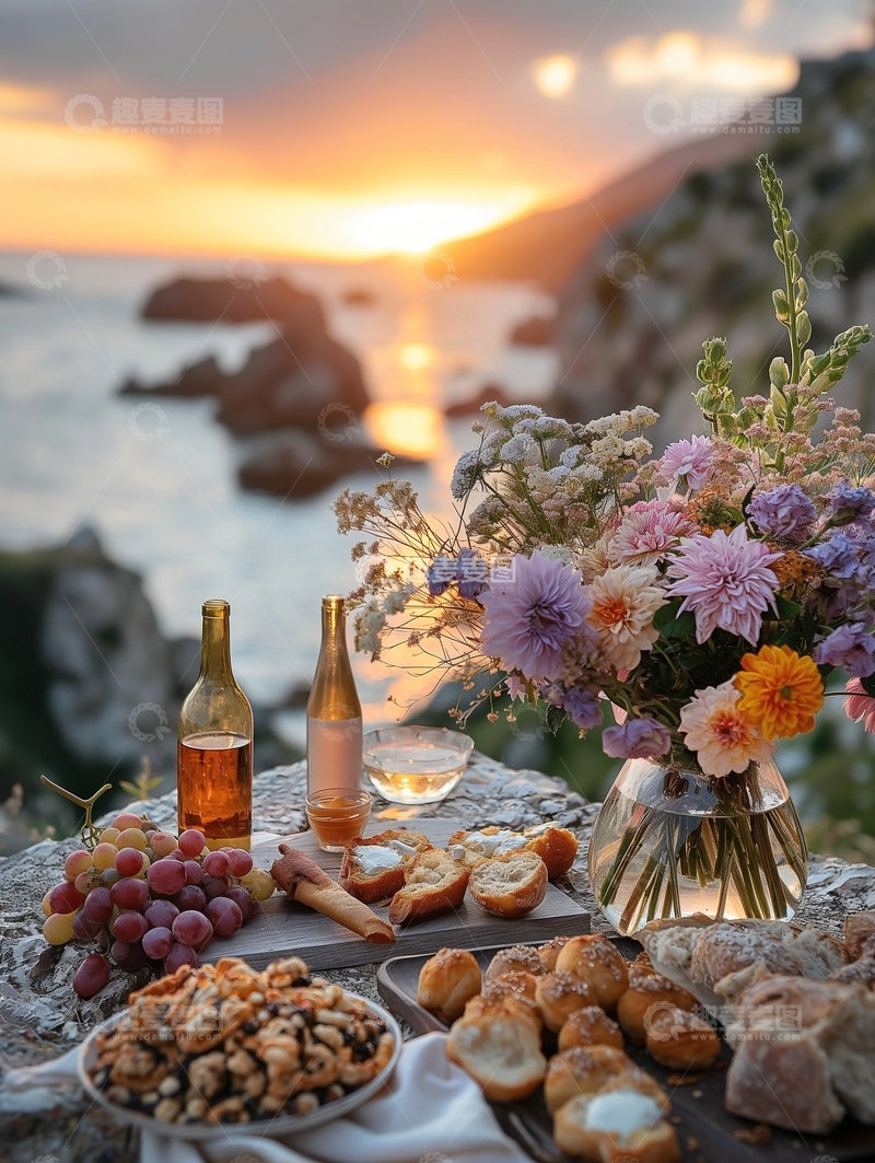 高清大图下载【趣麦麦图】海边日落野餐布置
