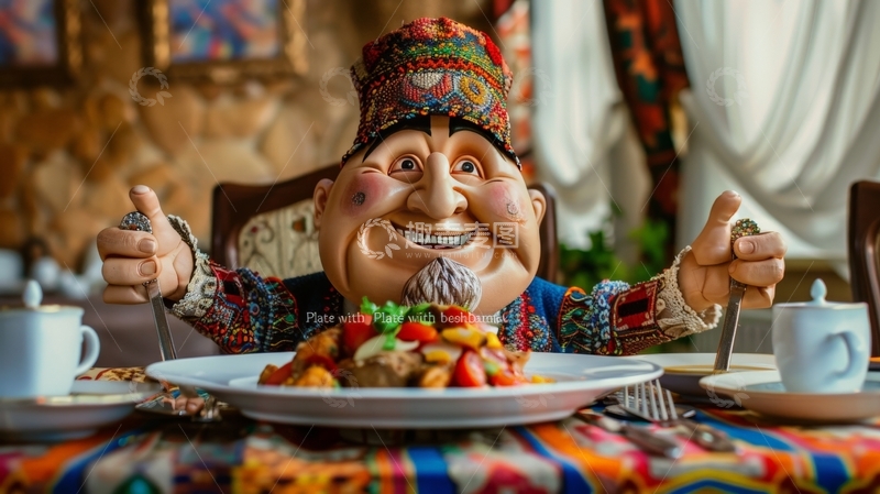 高清大图下载【趣麦麦图】色彩斑斓的面具人物享用美食