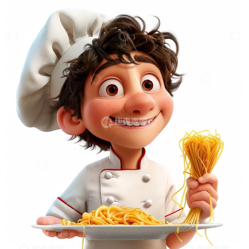 厨师手持意大利面，笑容满面