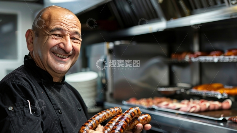 高清大图下载【趣麦麦图】厨师手持香肠，厨房背景