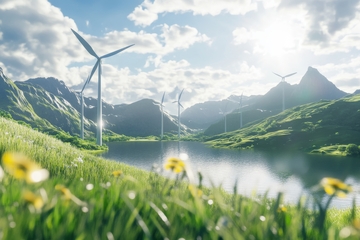风力发电场与山湖美景