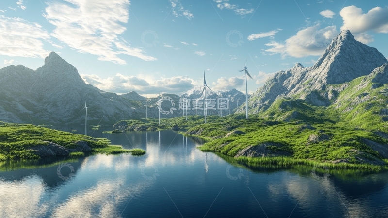 高清大图下载【趣麦麦图】山间湖畔的风力发电机