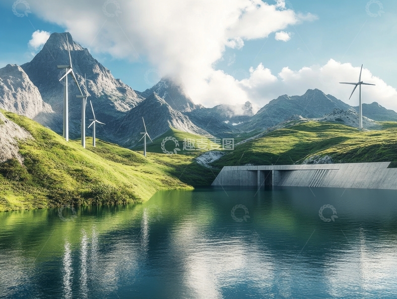 高清大图下载【趣麦麦图】山间水库与风力发电机
