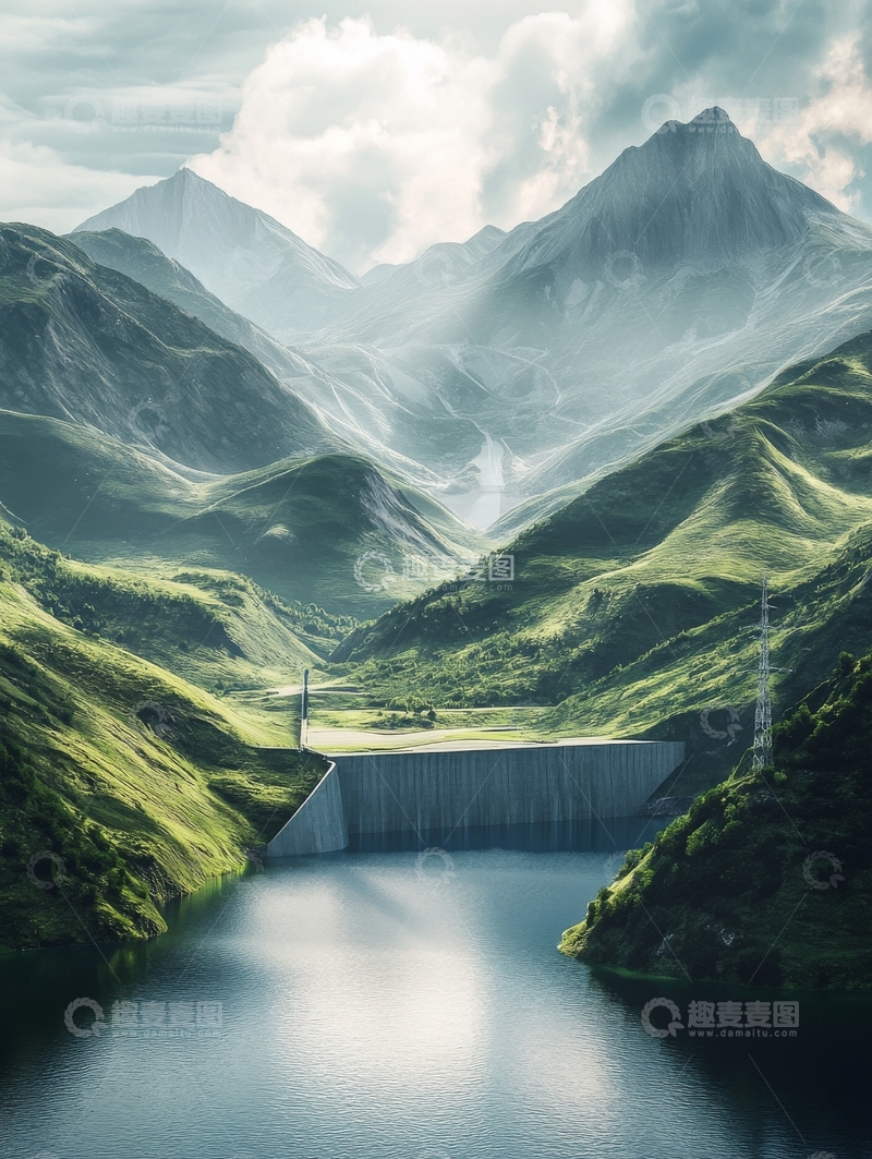 高清大图下载【趣麦麦图】山谷中的水坝与瀑布