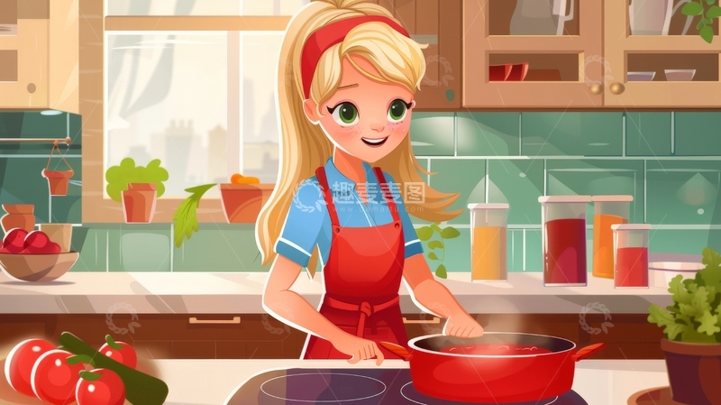 高清大图下载【趣麦麦图】厨房中的烹饪女孩