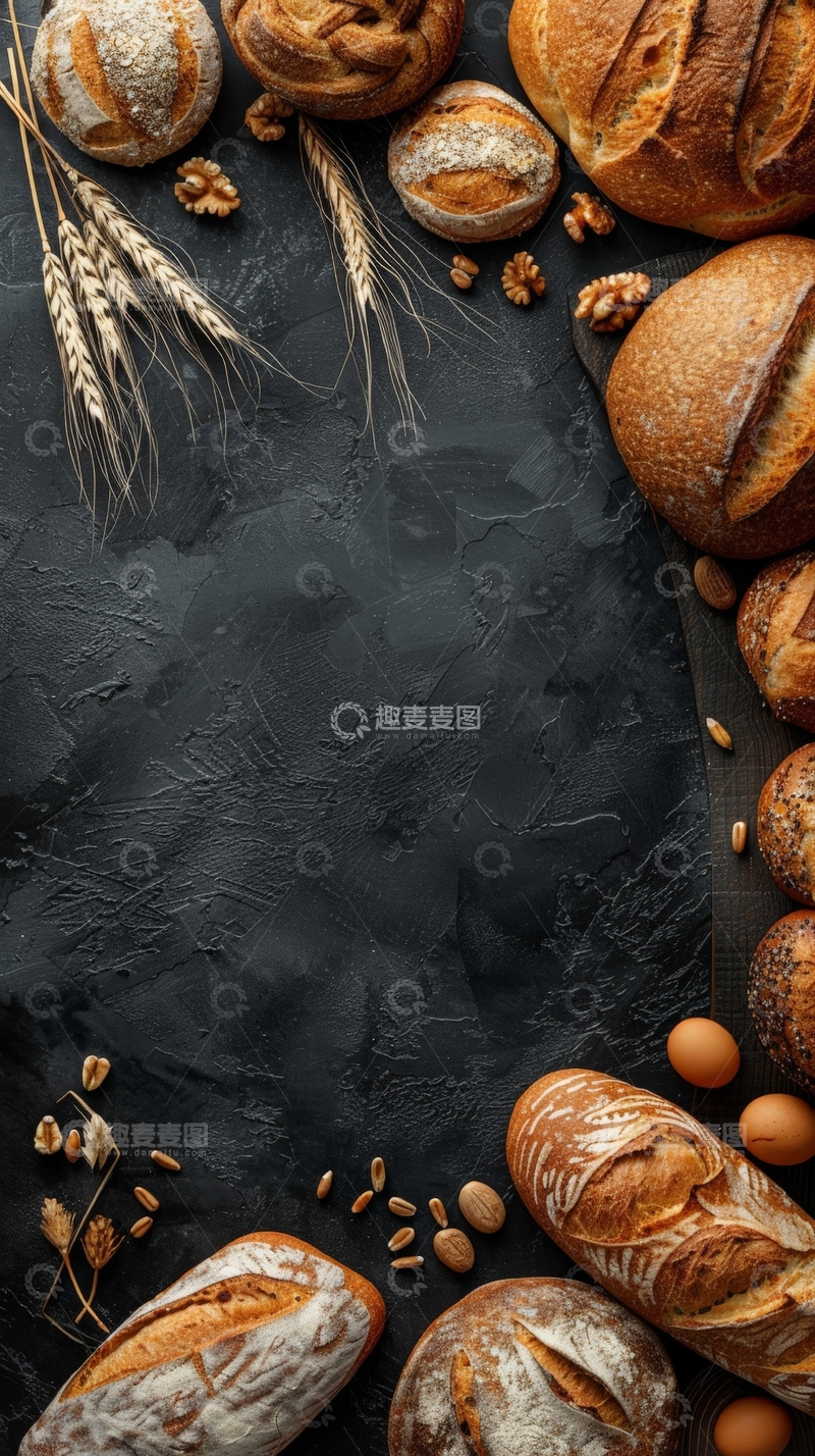 高清大图下载【趣麦麦图】新鲜面包与麦穗的静物组合