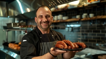 厨师展示一盘烤肠