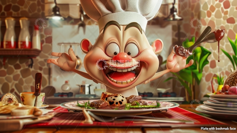 高清大图下载【趣麦麦图】厨师角色在厨房中展示美食