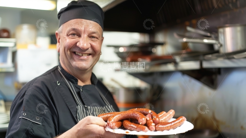 高清大图下载【趣麦麦图】厨师展示一盘香肠