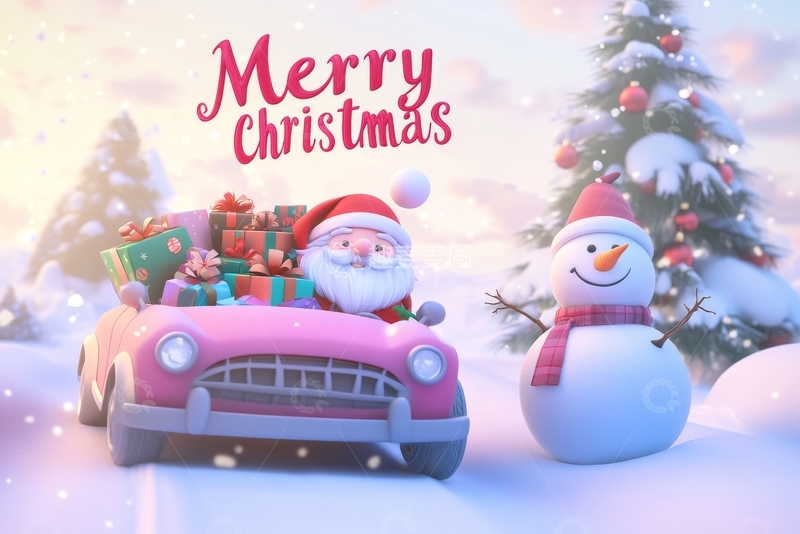 高清大图下载【趣麦麦图】圣诞老人驾车送礼，雪人相伴