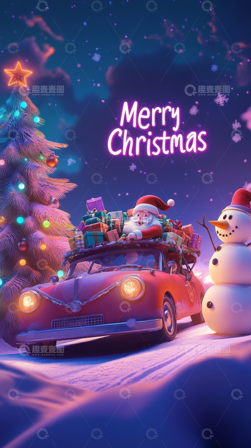 高清大图下载【趣麦麦图】圣诞老人驾车送礼，雪人相伴