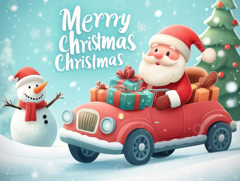 高清大图下载【趣麦麦图】圣诞老人驾车送礼，雪人相伴