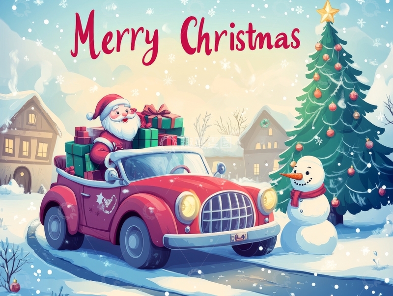 高清大图下载【趣麦麦图】圣诞老人驾车送礼