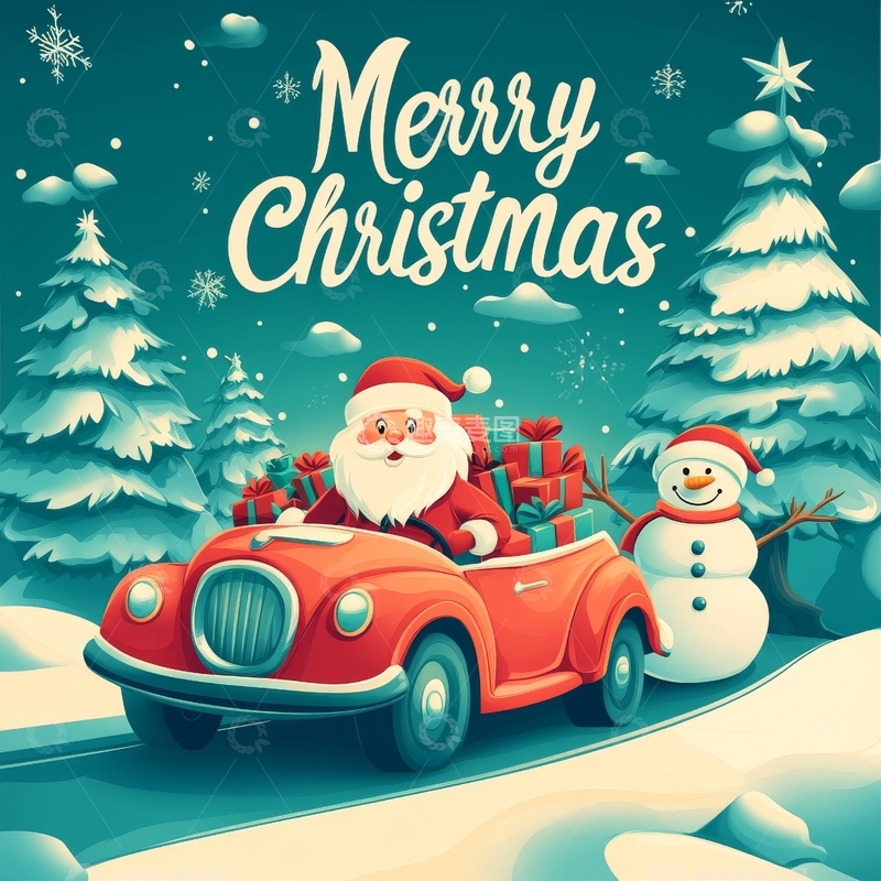 高清大图下载【趣麦麦图】圣诞老人驾车送礼，雪人相伴