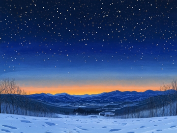 冬夜星空下的山间雪景