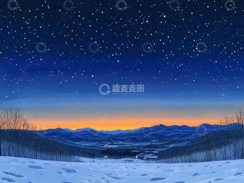 高清大图下载【趣麦麦图】冬夜星空下的山间雪景