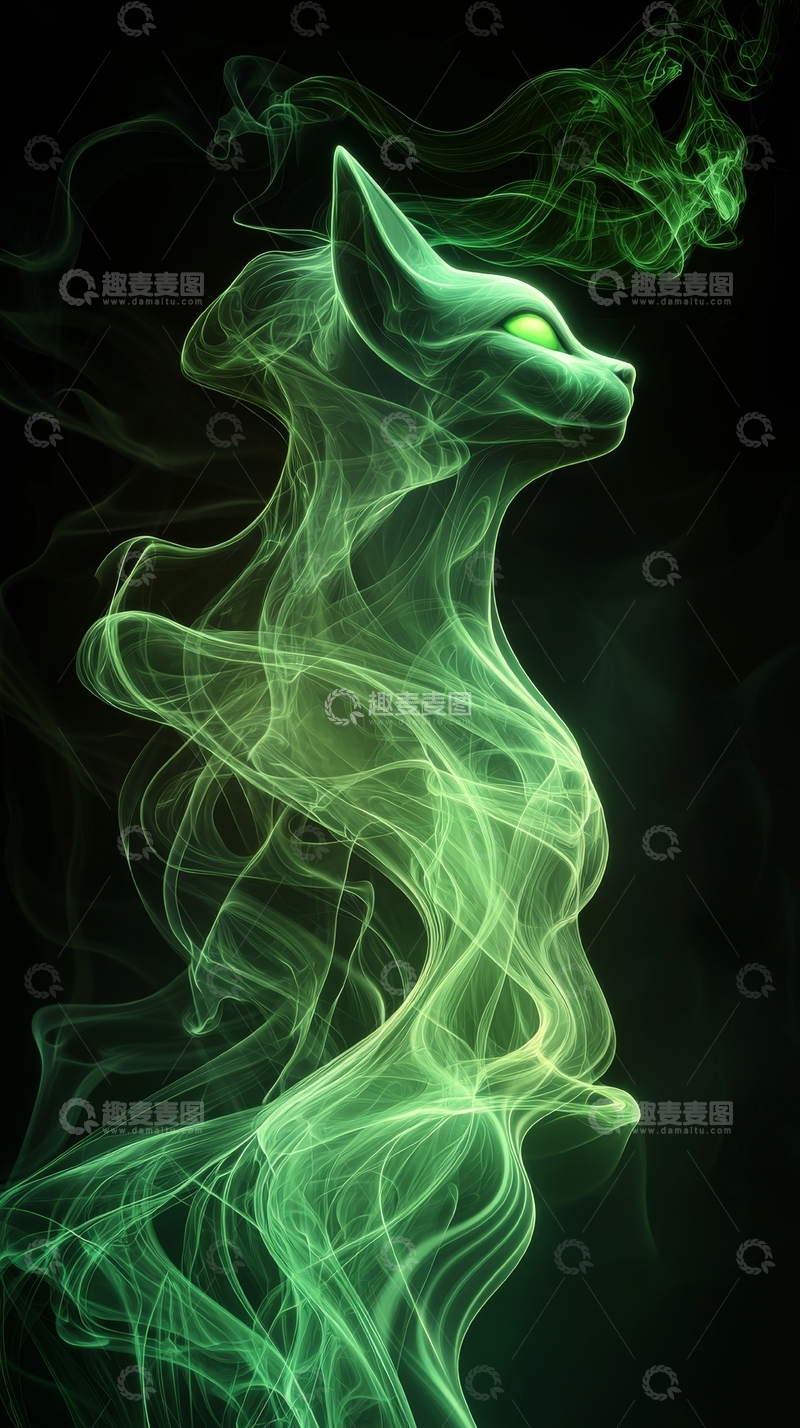 高清大图下载【趣麦麦图】烟雾中的绿色猫形轮廓