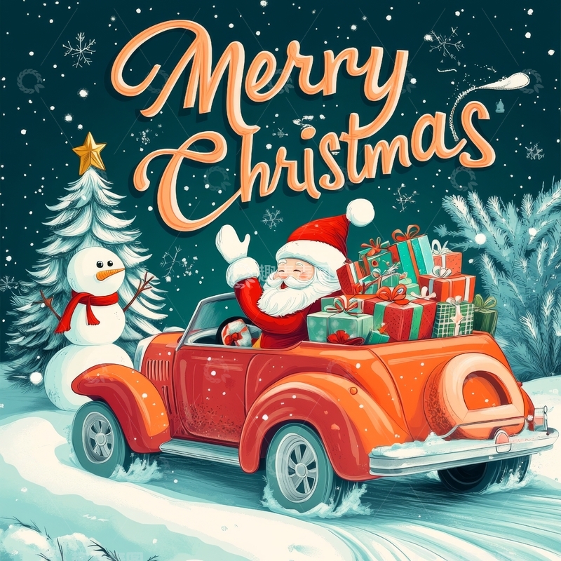 高清大图下载【趣麦麦图】圣诞老人驾驶红色卡车送礼物