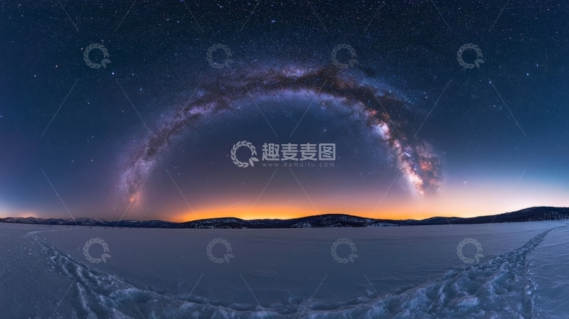 高清大图下载【趣麦麦图】银河拱桥下的雪地日落