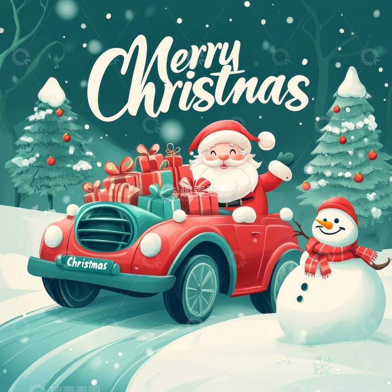 高清大图下载【趣麦麦图】圣诞老人驾车送礼，雪人相伴