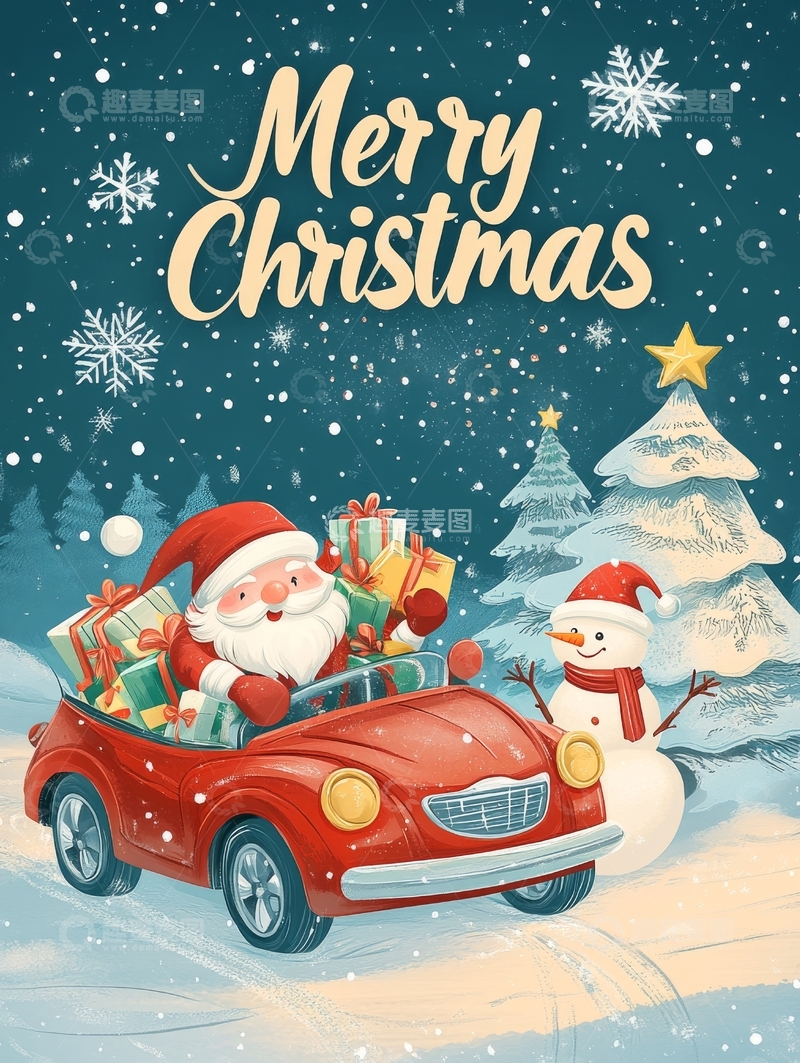高清大图下载【趣麦麦图】圣诞老人驾车送礼，雪人相伴