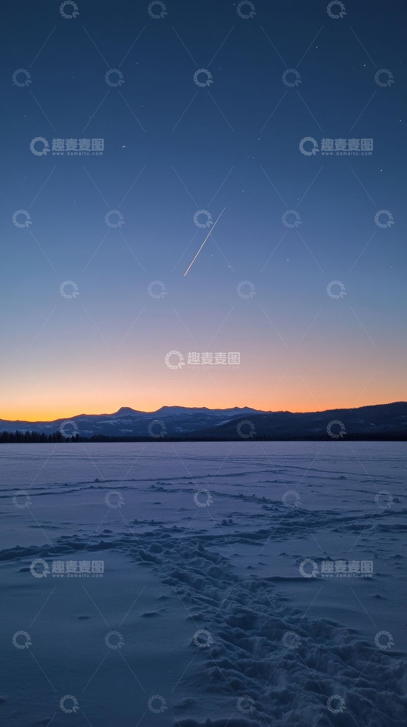 高清大图下载【趣麦麦图】黄昏雪原，远山静谧，流星划过