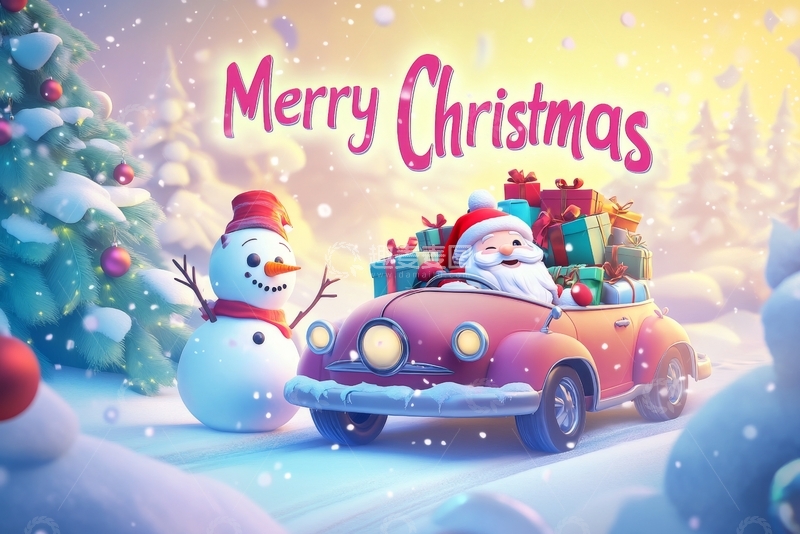 高清大图下载【趣麦麦图】圣诞老人驾车送礼，雪人旁观