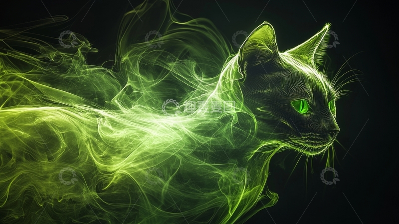 高清大图下载【趣麦麦图】绿色烟雾中的猫